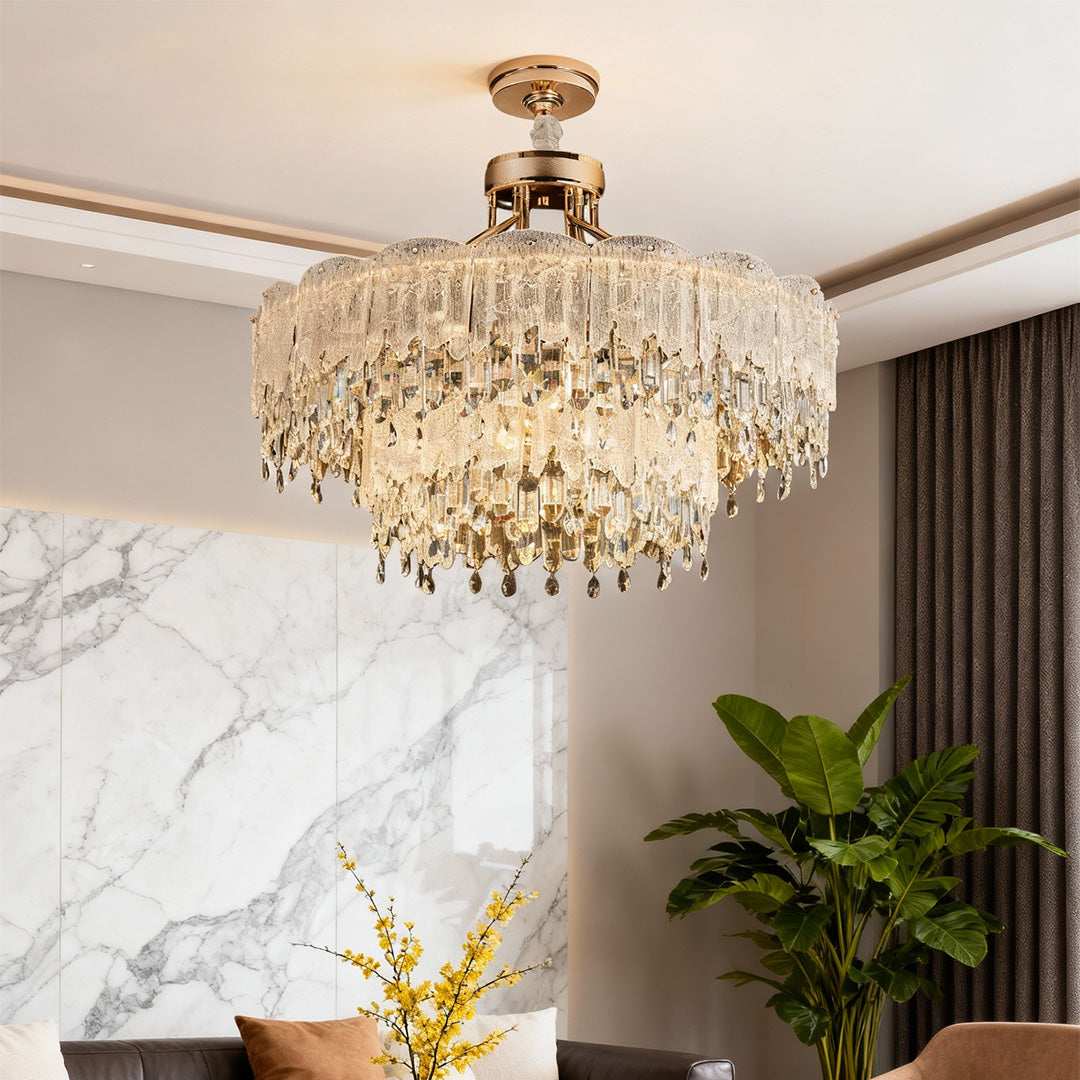 French Luxury Crystal Chandelier — Champagne Gold, Glass Fringe, 3-Step Dimming, Adjustable Cord, Six Models