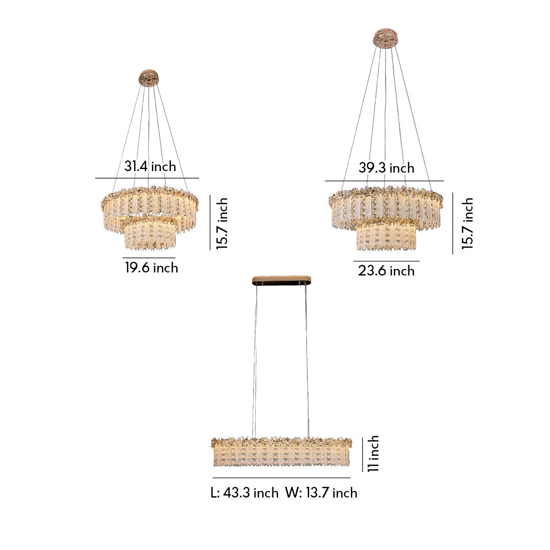 Minimalist French Crystal Chandelier — Champagne Gold Steel, Three-Color Dimming, 31.5" Adjustable Rope, Single- or Double-Layer