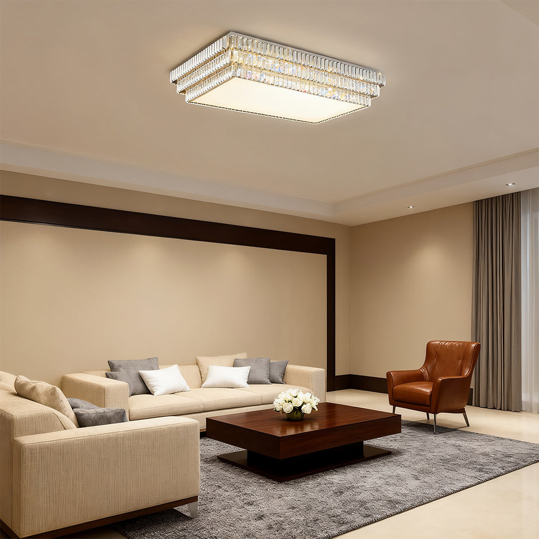 Crystal LED Flush-Mount Light — Chrome Steel, Full-Spectrum Eye-Protection, 3-Color Dimming, Round or Rectangular