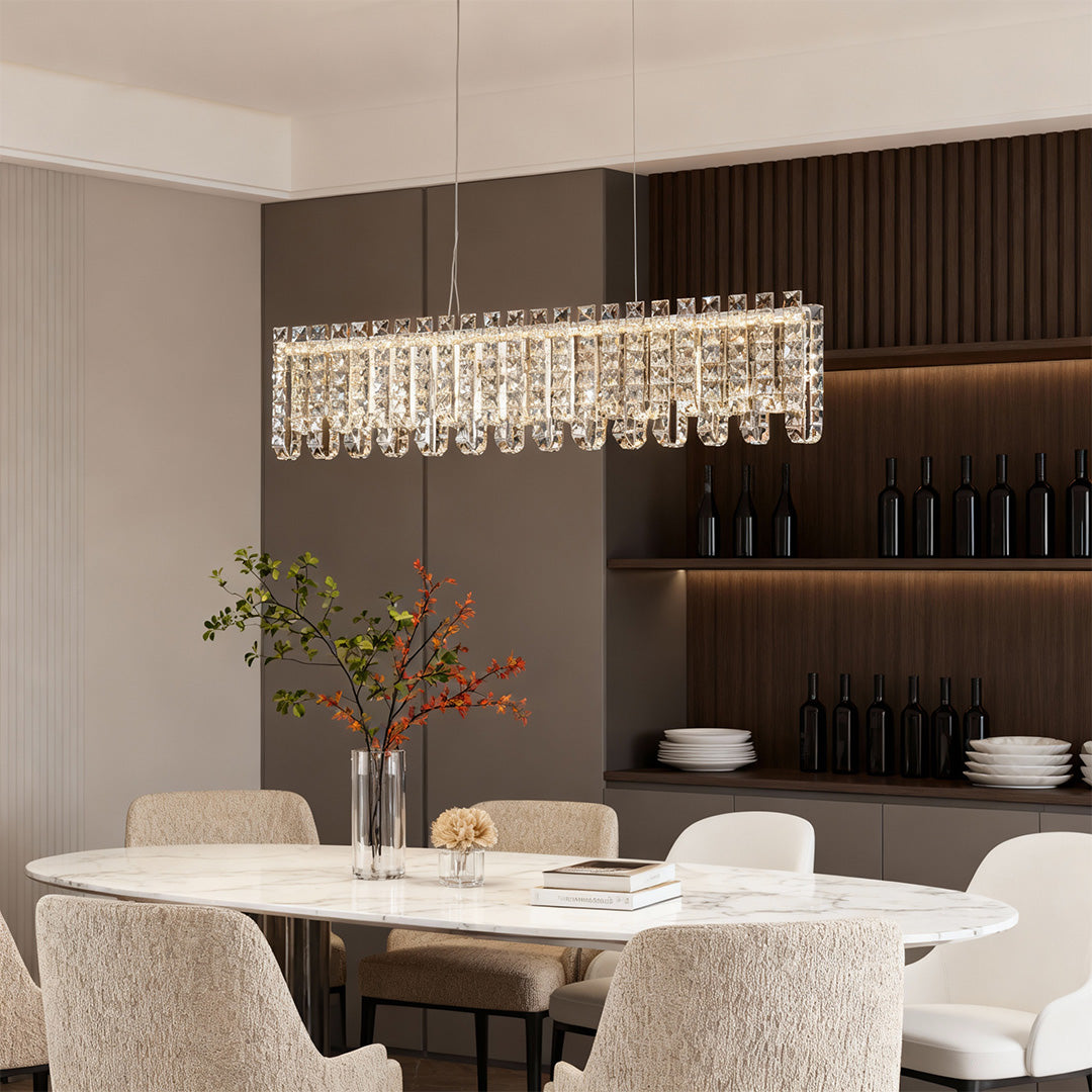 Modern Minimalist Crystal Chandelier — Chrome Stainless Steel, Three-Color Dimming, Adjustable Height, 5 Sizes