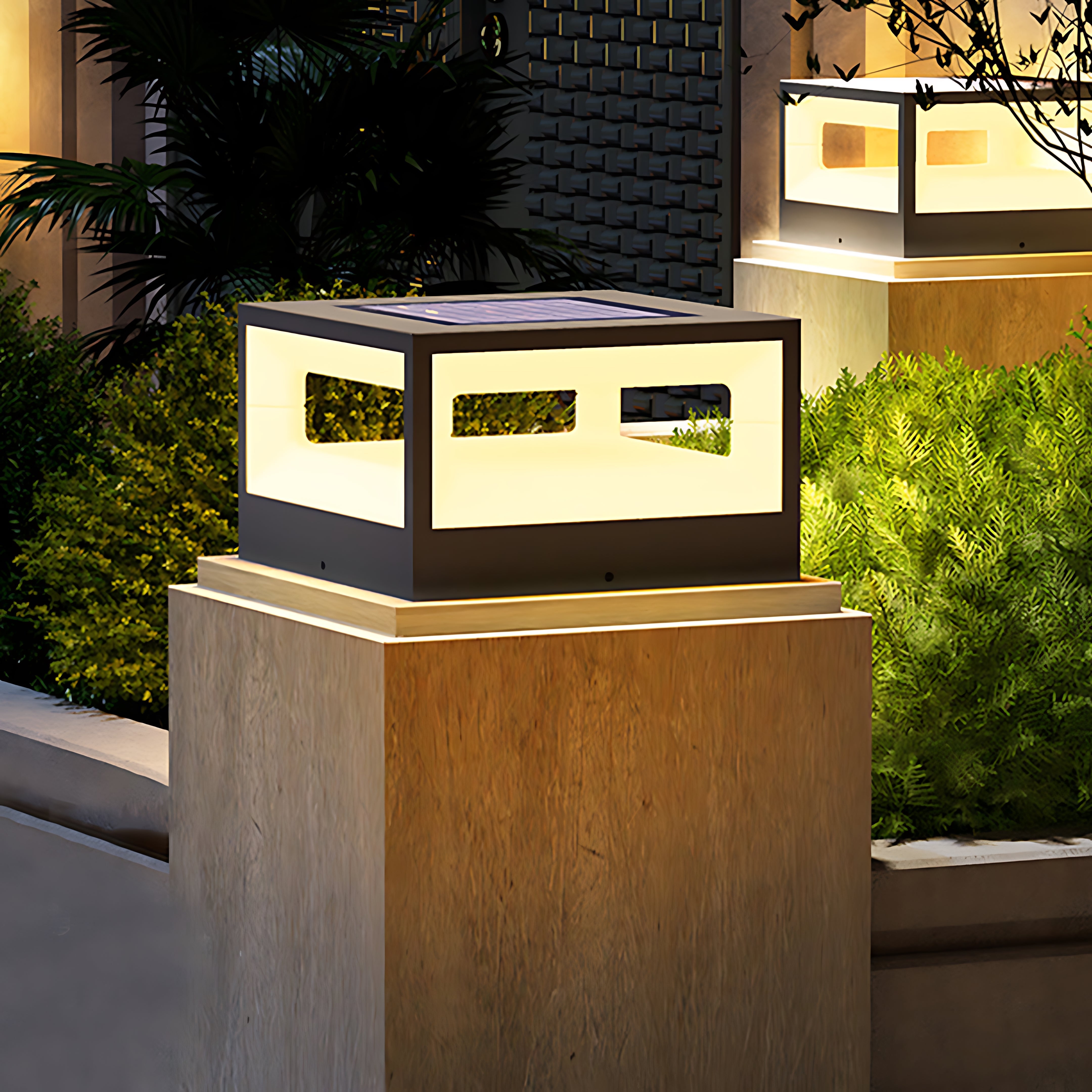 Hollow Square Outdoor Pillar Light — Stainless Steel, LED 3000K, Solar / Hardwired, IP65 Weatherproof