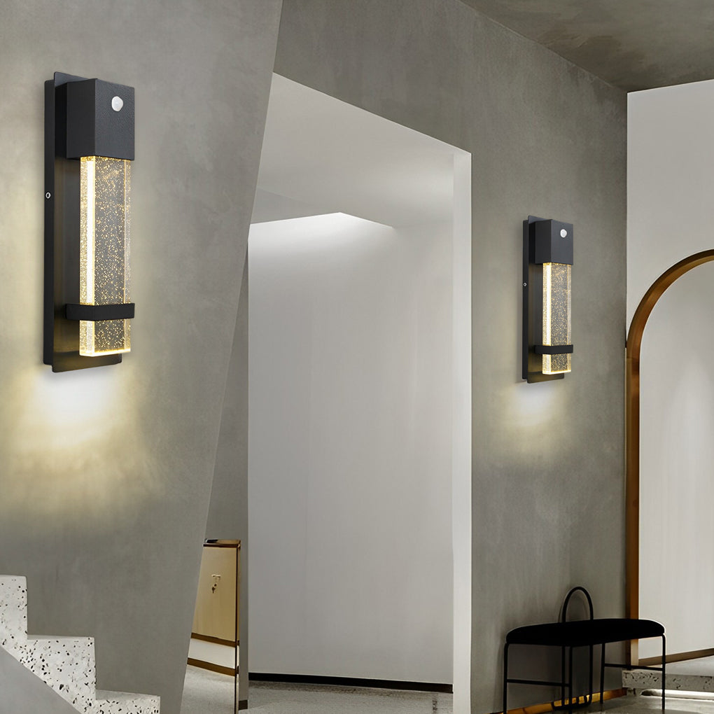 Minimalist Rectangular Outdoor Wall Sconce — Bubble Glass, Aluminum, LED, 3000K, IP54, Optional Motion Sensor