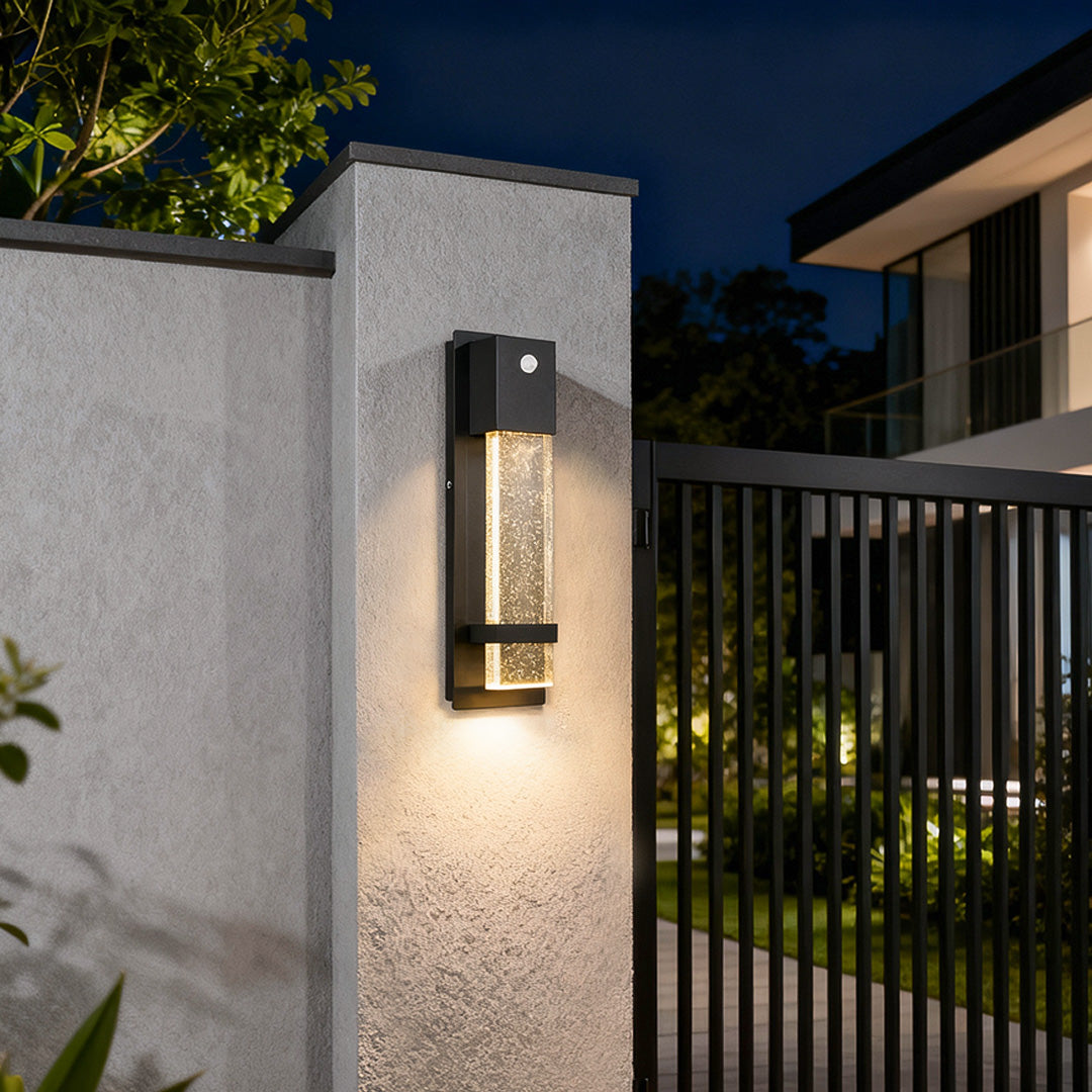 Minimalist Rectangular Outdoor Wall Sconce — Bubble Glass, Aluminum, LED, 3000K, IP54, Optional Motion Sensor