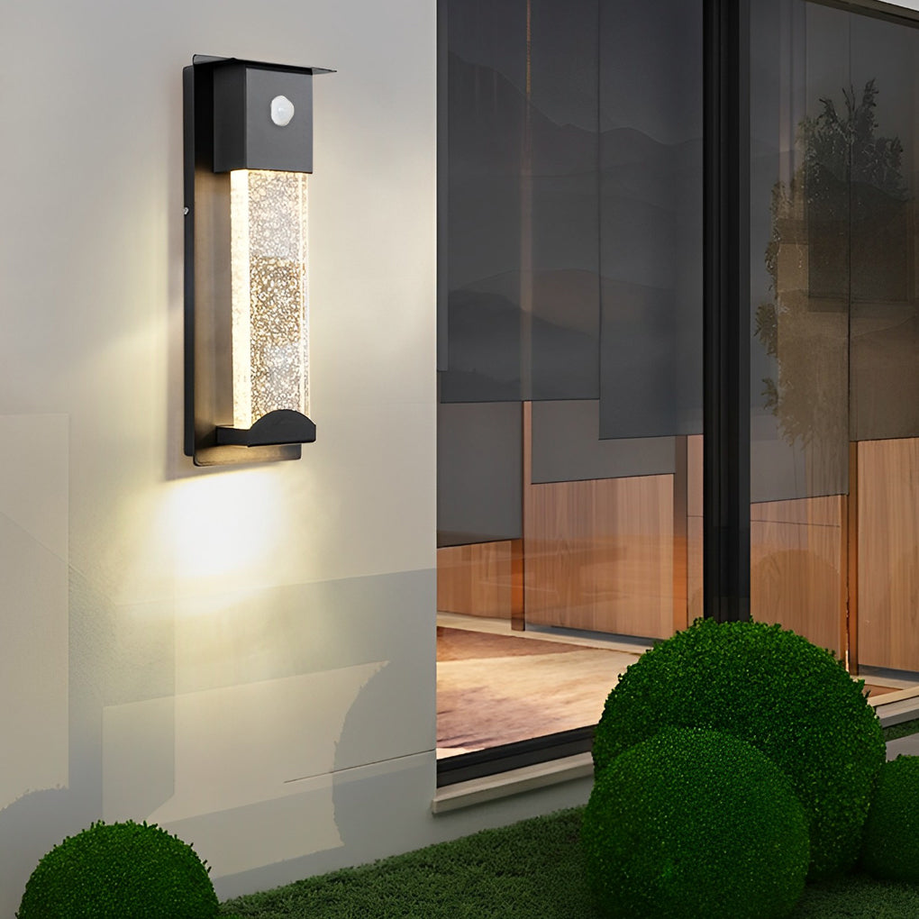 Minimalist Rectangular Outdoor Wall Sconce — Bubble Glass, Aluminum, LED, 3000K, IP54, Optional Motion Sensor