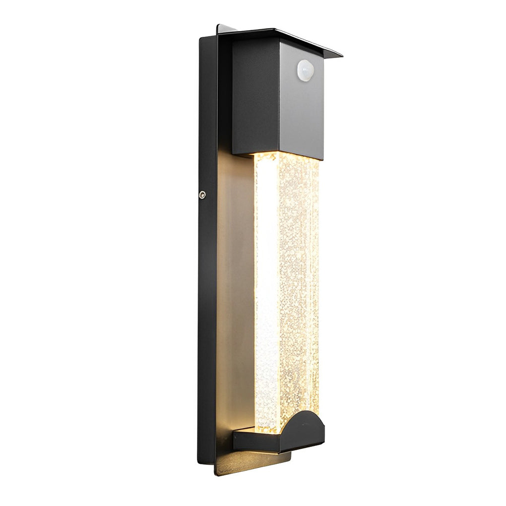 Minimalist Rectangular Outdoor Wall Sconce — Bubble Glass, Aluminum, LED, 3000K, IP54, Optional Motion Sensor