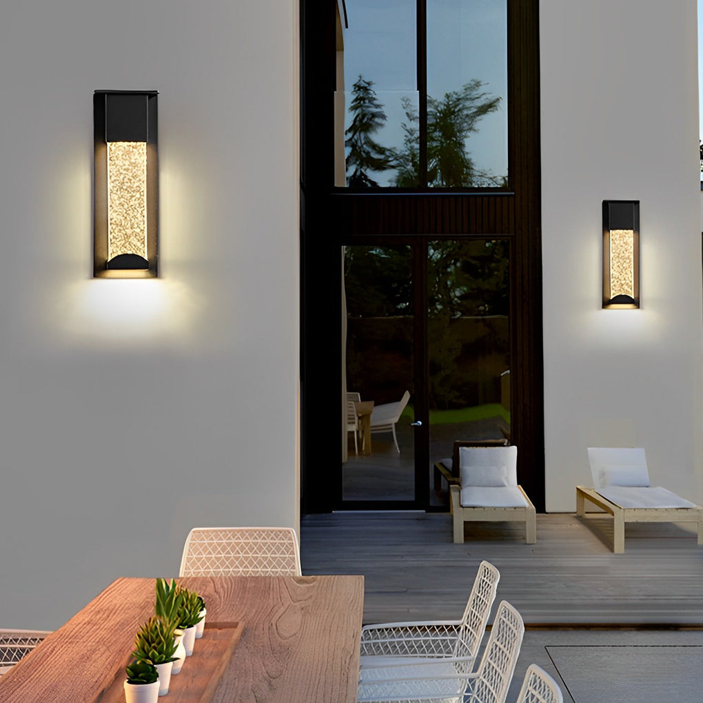 Minimalist Rectangular Outdoor Wall Sconce — Bubble Glass, Aluminum, LED, 3000K, IP54, Optional Motion Sensor