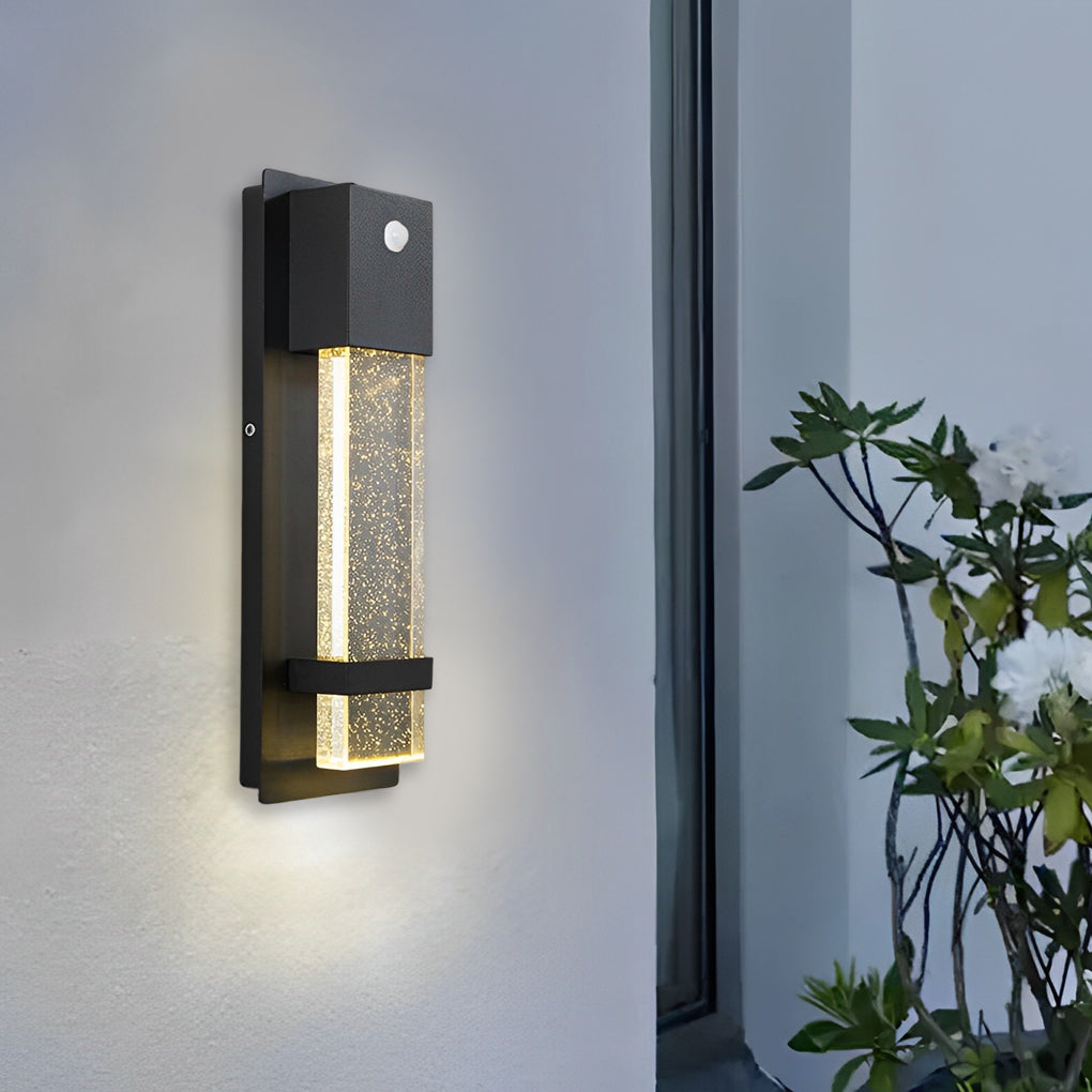 Minimalist Rectangular Outdoor Wall Sconce — Bubble Glass, Aluminum, LED, 3000K, IP54, Optional Motion Sensor