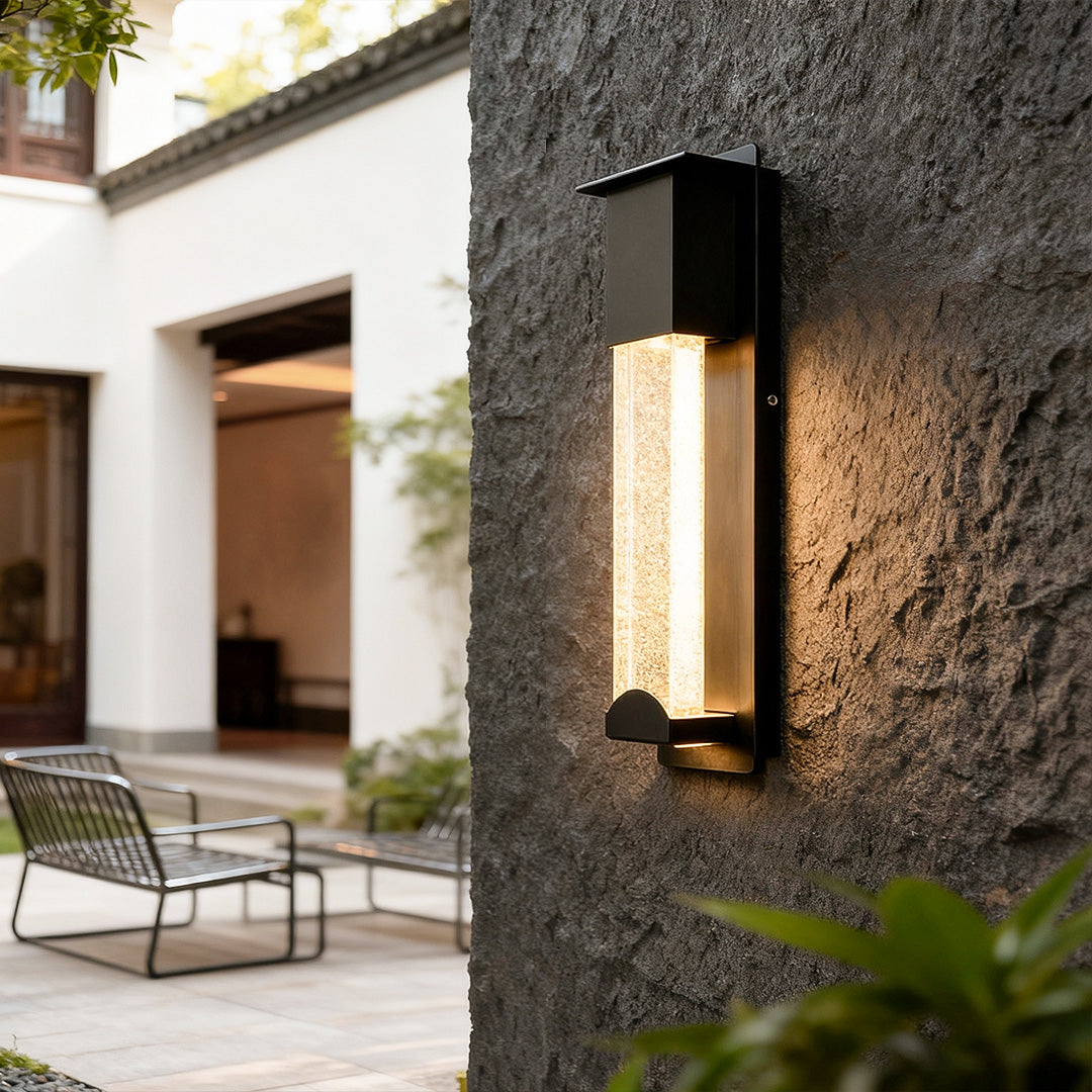 Minimalist Rectangular Outdoor Wall Sconce — Bubble Glass, Aluminum, LED, 3000K, IP54, Optional Motion Sensor