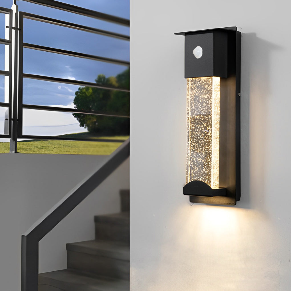Minimalist Rectangular Outdoor Wall Sconce — Bubble Glass, Aluminum, LED, 3000K, IP54, Optional Motion Sensor