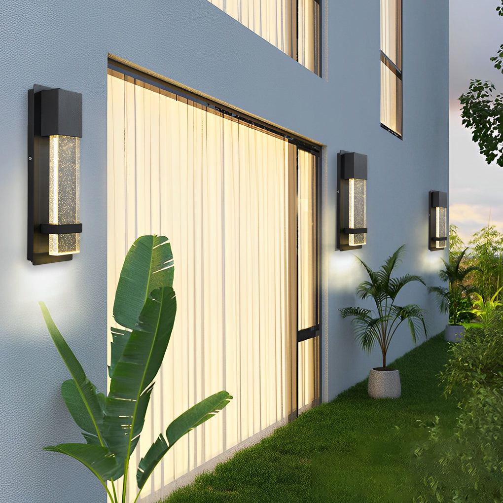 Minimalist Rectangular Outdoor Wall Sconce — Bubble Glass, Aluminum, LED, 3000K, IP54, Optional Motion Sensor