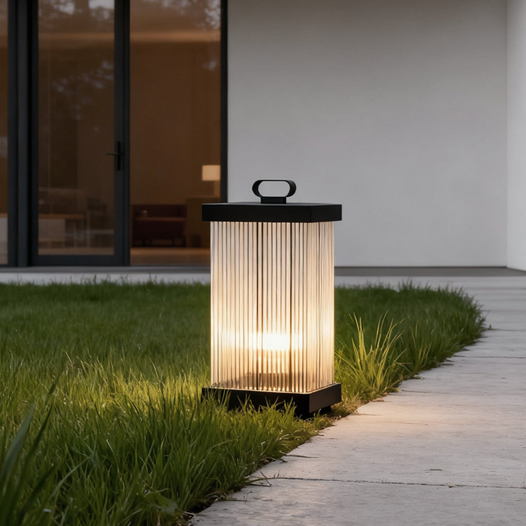 Square Ripple-Glass Outdoor Lantern — Black, 12W LED, 4000K, IP65, Solar / Hardwired, Remote, 3 Sizes