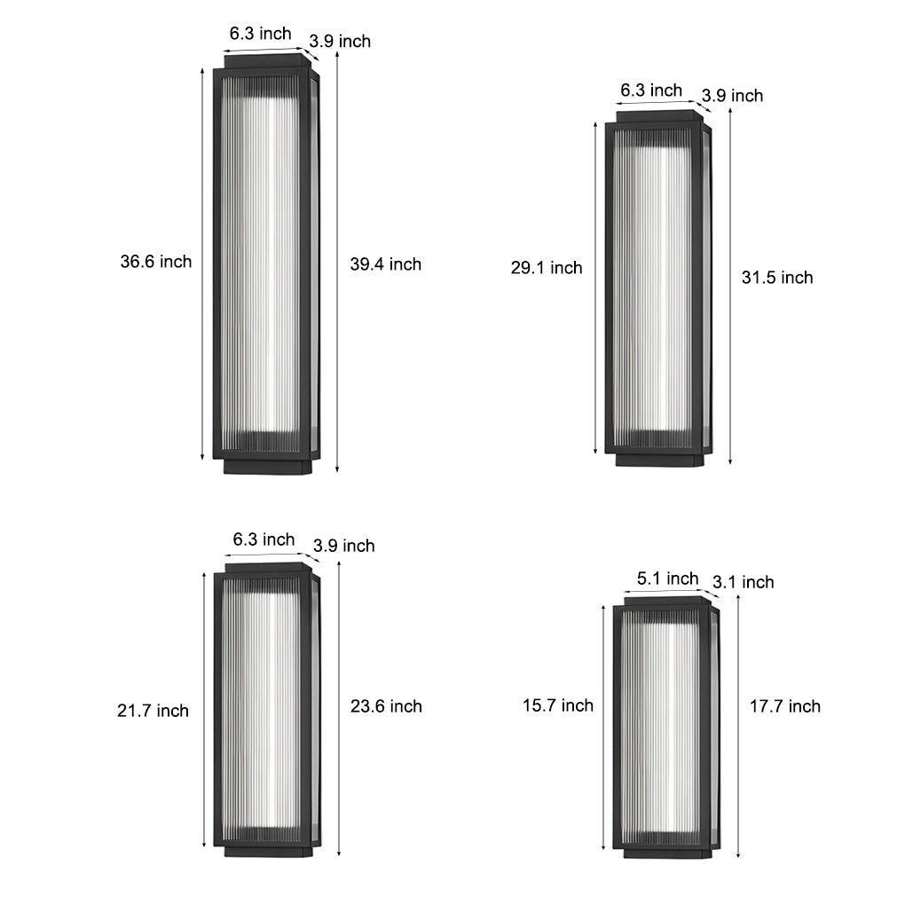 Modern Rectangular Outdoor Wall Sconce — Reeded Glass, Stainless Steel, LED, IP55, 4 Sizes