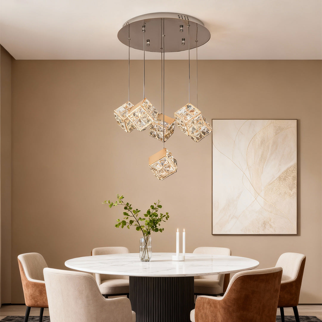 Rubik's Cube Crystal Chandelier — Champagne Gold, LED, 3-Step Dimming, 59.1" Chain, 6- to 17-Head