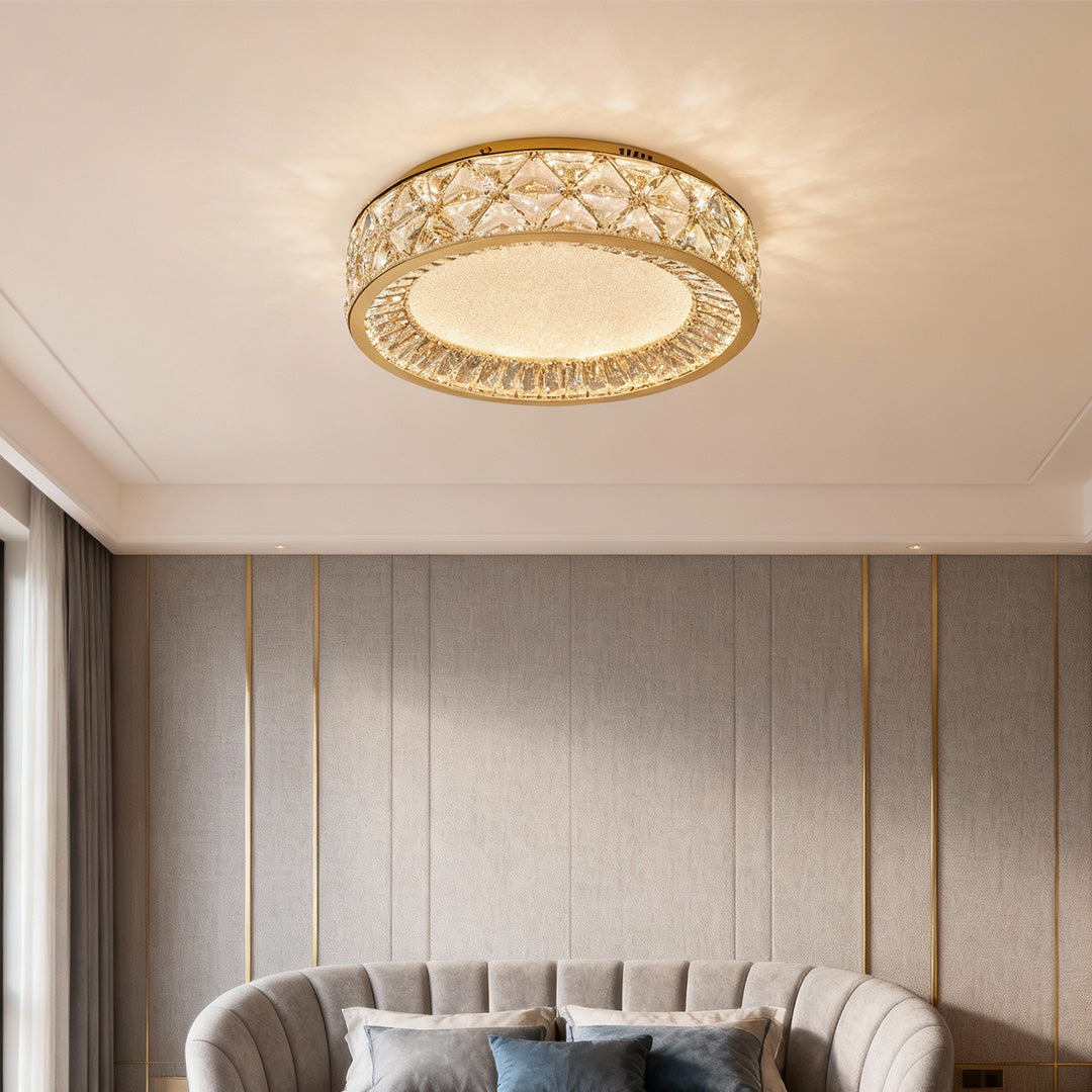 Crystal Flush-Mount Ceiling Light — Champagne Gold Carbon Steel, LED, Three-Color Dimming, 15.8"–23.6"