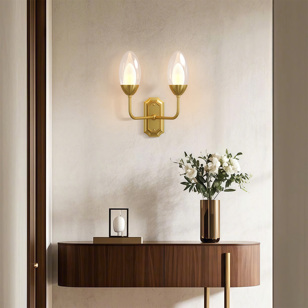 Dual-Head Wall Sconce — Solid Copper, Clear Glass Shade, 2-Light G9, Hardwired