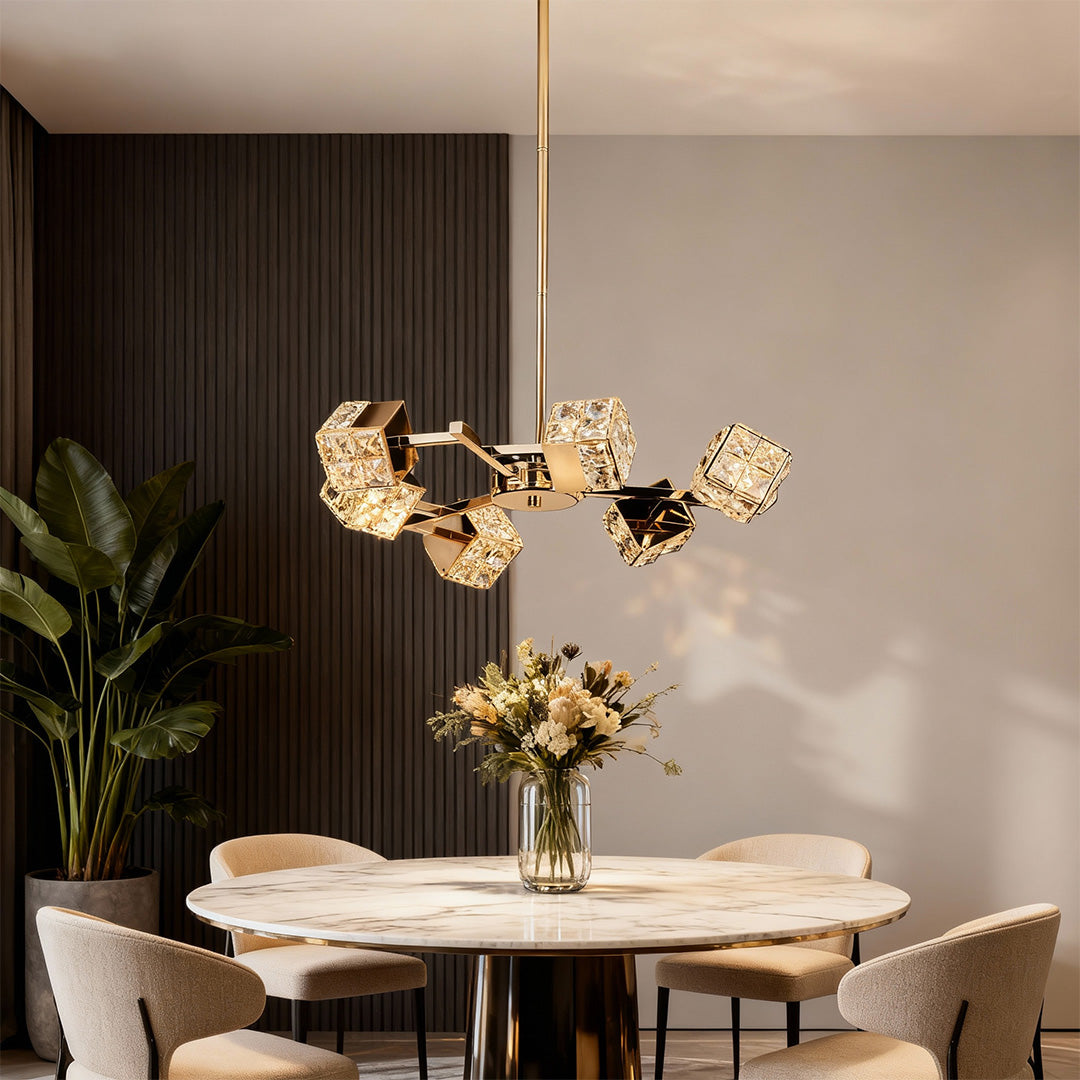 Cube Crystal Chandelier — Gold, LED, 3-Step Dimming, 6 to 15-Light Configurations