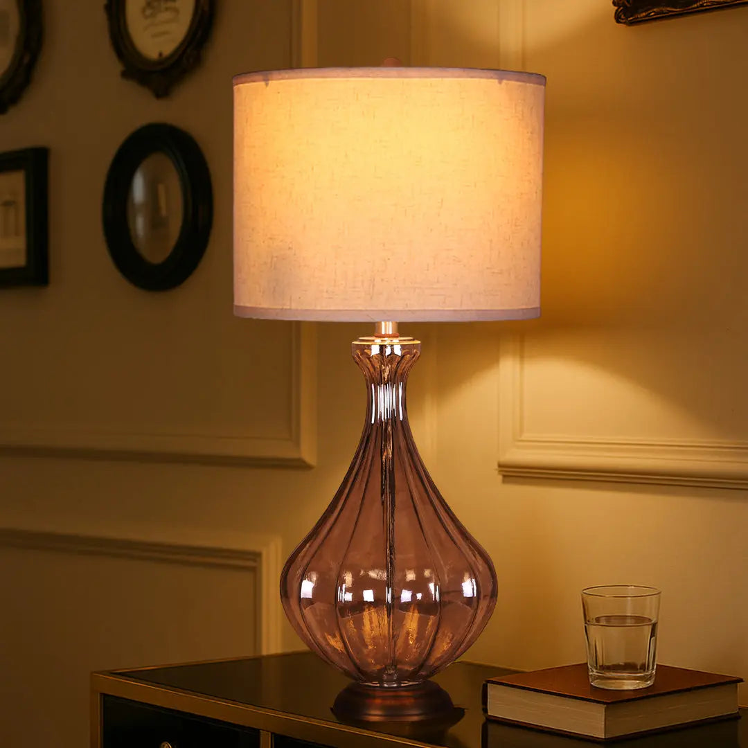 Classic Linen Shade Table Lamp with a Sculptural Glass Base Luxe