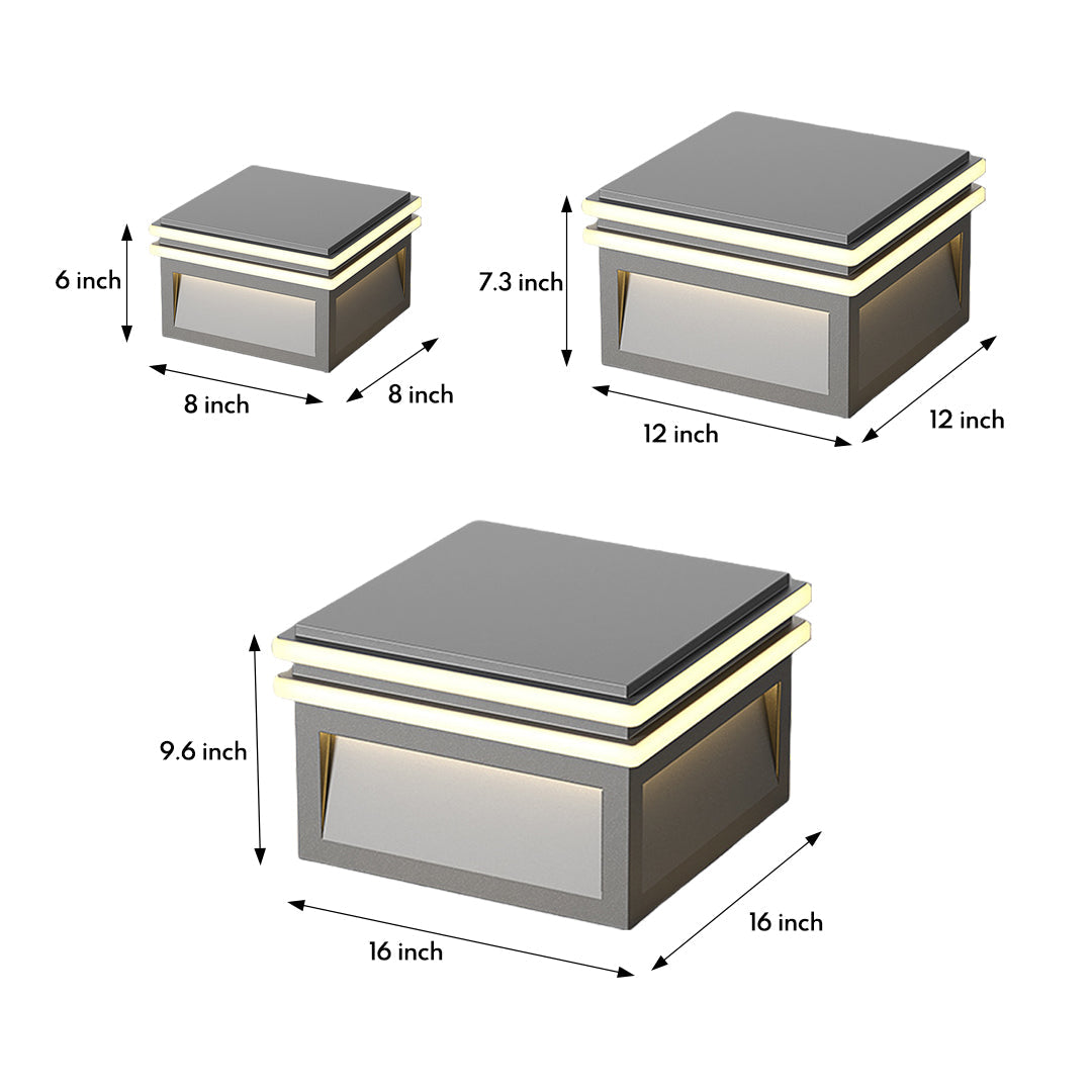 Square Minimalist Pillar Light — Stainless Steel, LED 3000K, Solar or Hardwired, IP65, 7.9"–15.8"