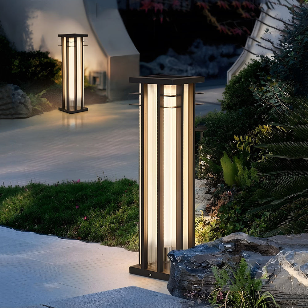 Modern Bollard Path Light — Stainless Steel, Faux Alabaster Shade, LED, Solar + Hardwired, IP65, Remote Control, 17.7" or 25.6"