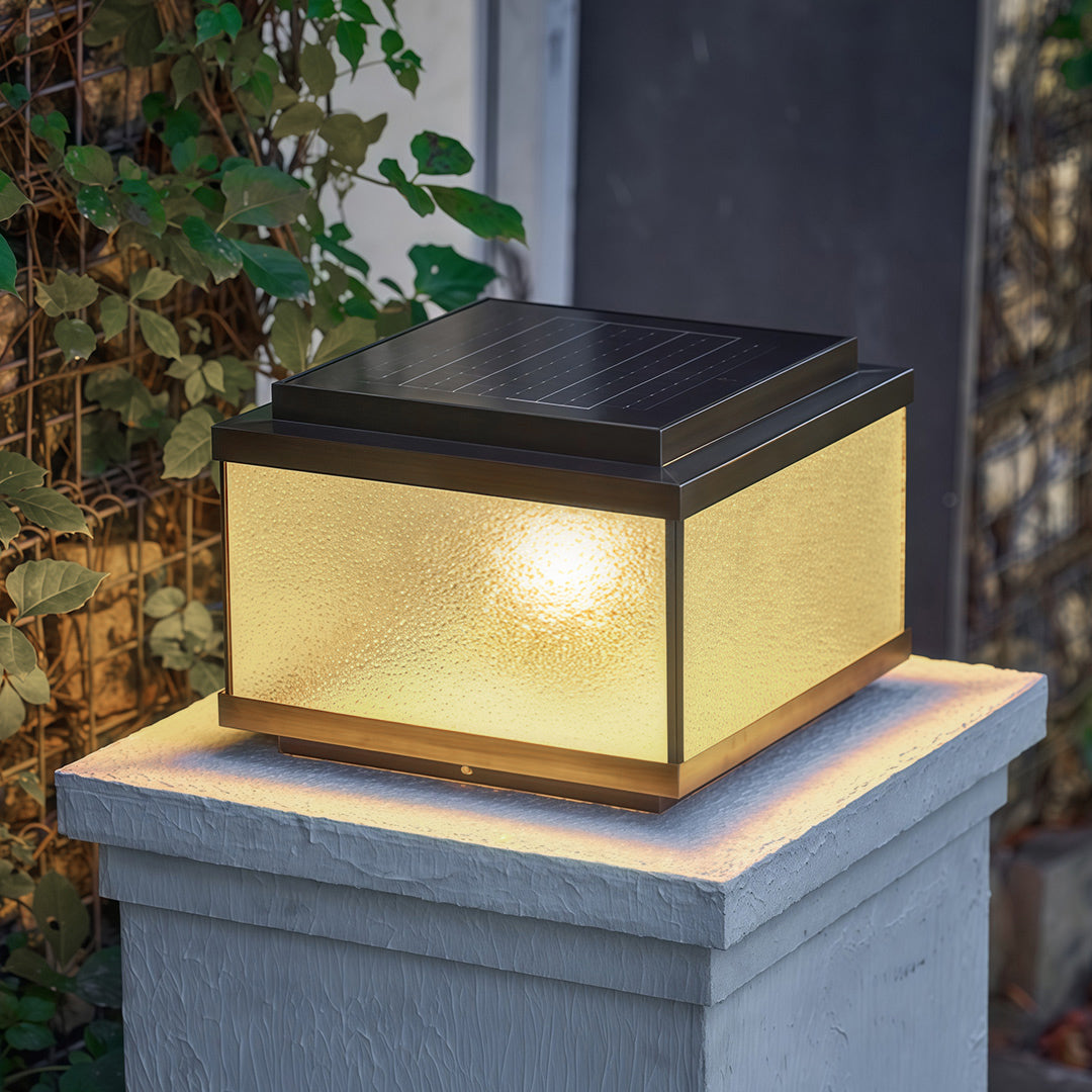 All-Copper Garden Pillar Light — Transparent Glass, Solar / Hardwired, Three-Color Dimming, Remote, 2200mAh, 4 Sizes