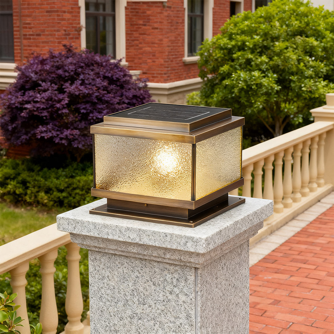 All-Copper Garden Pillar Light — Transparent Glass, Solar / Hardwired, Three-Color Dimming, Remote, 2200mAh, 4 Sizes