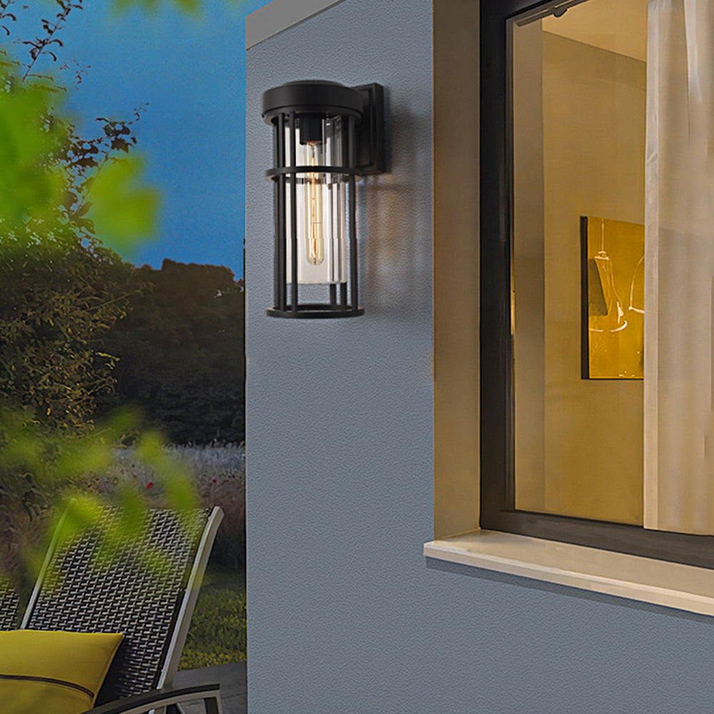 Cylindrical Outdoor Wall Sconce — Black Aluminum, Tempered Glass, E27 LED, IP54, 14.2" or 18.1"