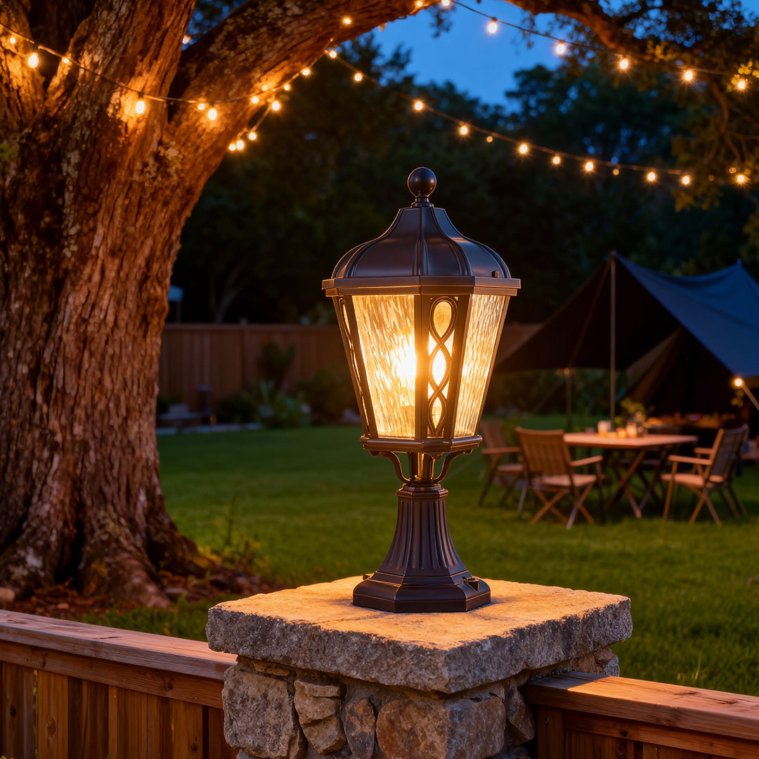 Vintage Column Outdoor Post Light — Sand-Black Aluminum, Glass Shade, 12W E26, IP44, 3000K