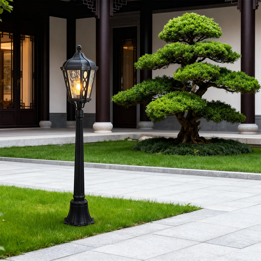 Column Outdoor Post Light — Sand-Black Cast Aluminum, Clear Glass, 12W LED, IP44 Weatherproof