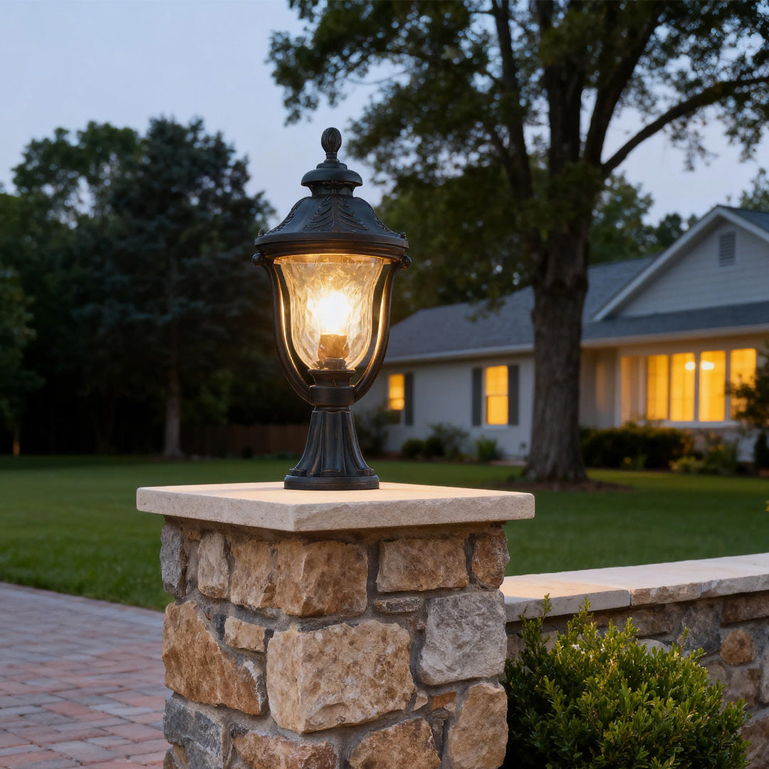 Vintage Outdoor Post Light — Chestnut Aluminum and Glass, 12W LED, IP44 Waterproof, 19.69" Height