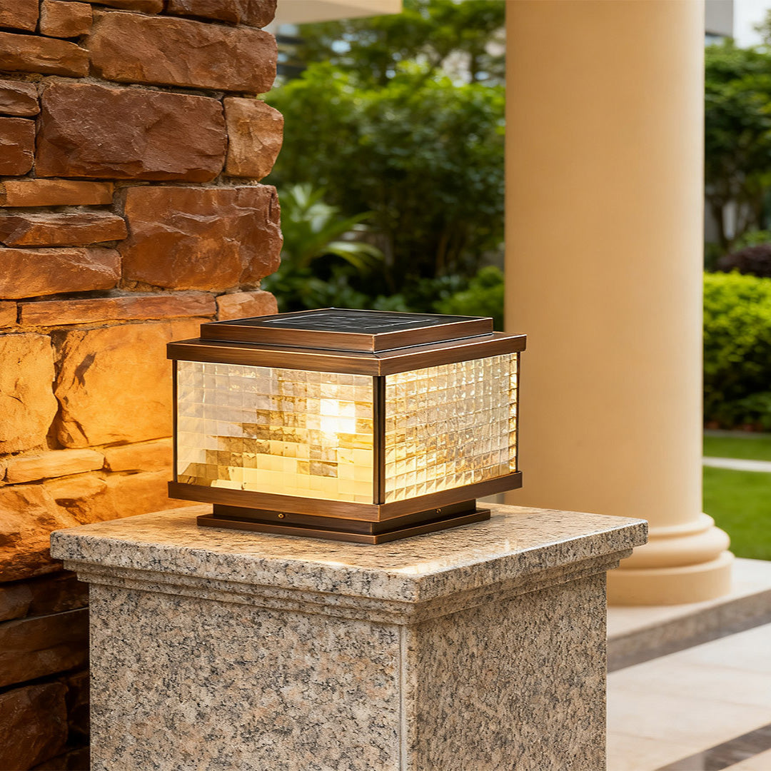 All-Copper Outdoor Pillar Cap Light — Transparent Glass, Solar / Hardwired, Four-Color Remote Control, 2200mAh, Four Sizes