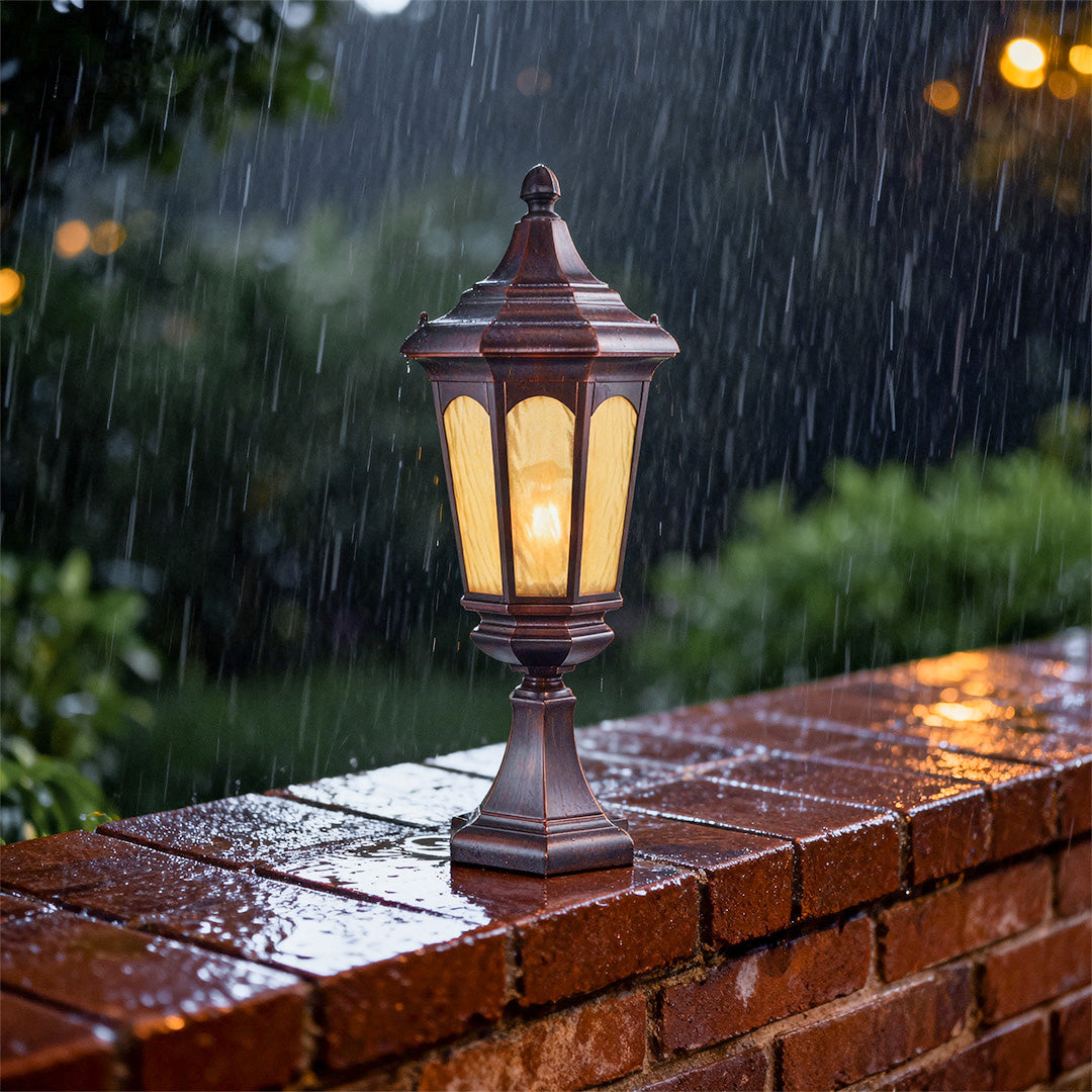 Retro Outdoor Pillar Light — Sand-Black Aluminum and Glass, 18W LED, E26, IP44, Hardwired, 26.18" H