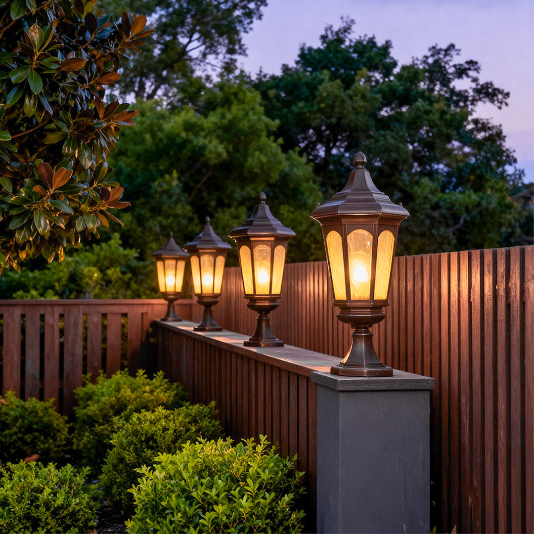 Retro Outdoor Pillar Light — Sand-Black Aluminum and Glass, 18W LED, E26, IP44, Hardwired, 26.18" H