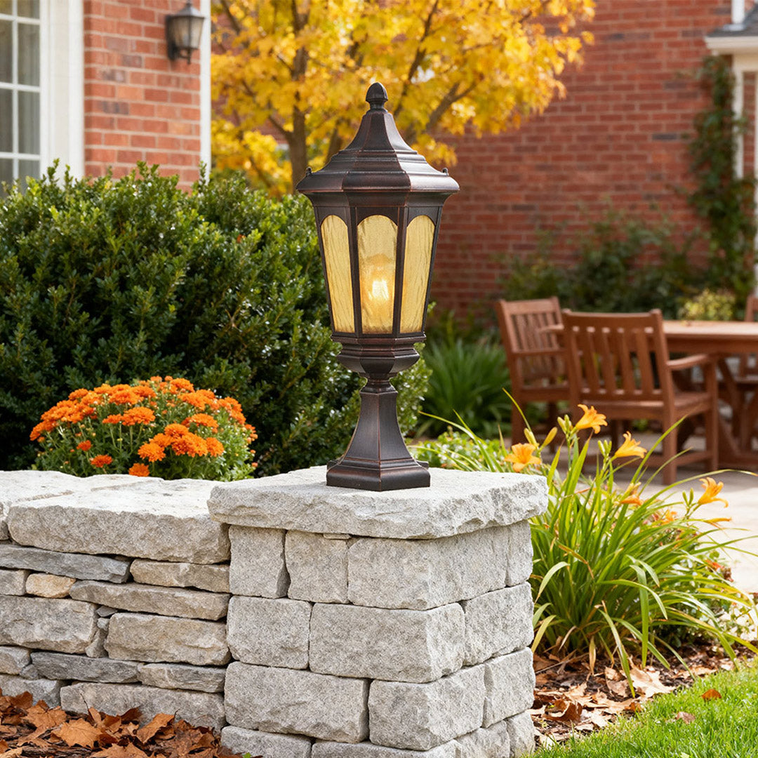 Retro Outdoor Pillar Light — Sand-Black Aluminum and Glass, 18W LED, E26, IP44, Hardwired, 26.18" H