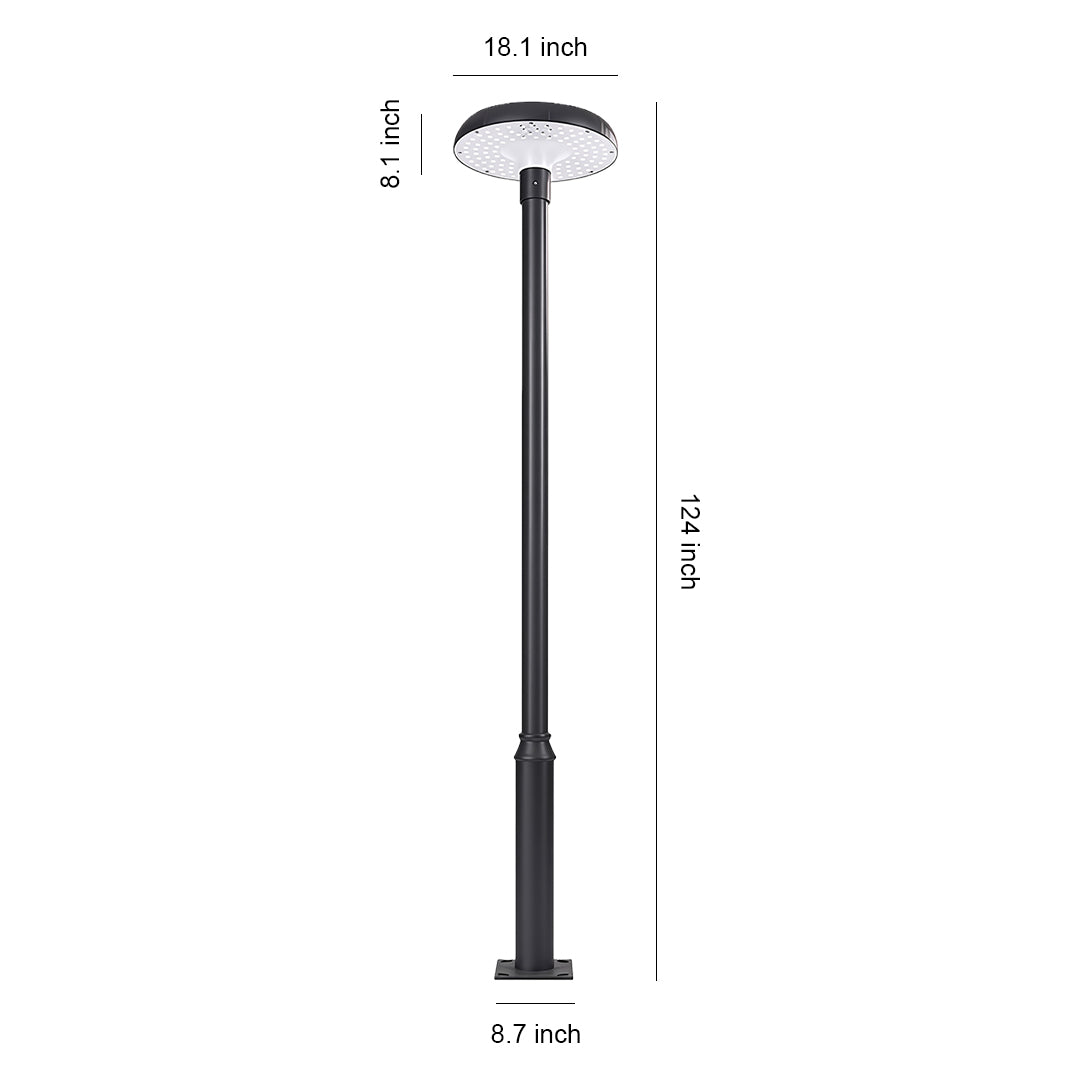 High-Pole Outdoor Residential Street Light — Die-Cast Aluminum, Solar 20W or Hardwired 50W, IP65, 3000K / 6000K, 124" Height