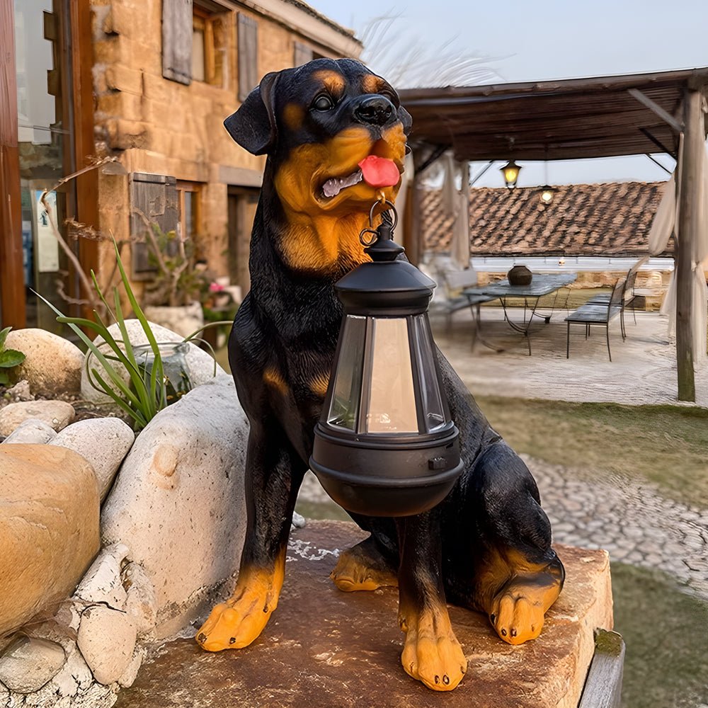 Resin Dog Sculpture Solar Lantern — Fiberglass, LED Warm White 3000K, Detachable Lantern, 6 Breed Styles