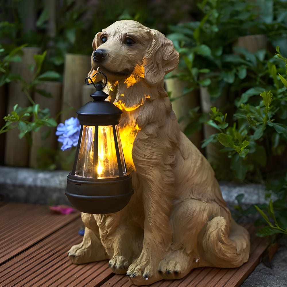 Resin Dog Sculpture Solar Lantern — Fiberglass, LED Warm White 3000K, Detachable Lantern, 6 Breed Styles