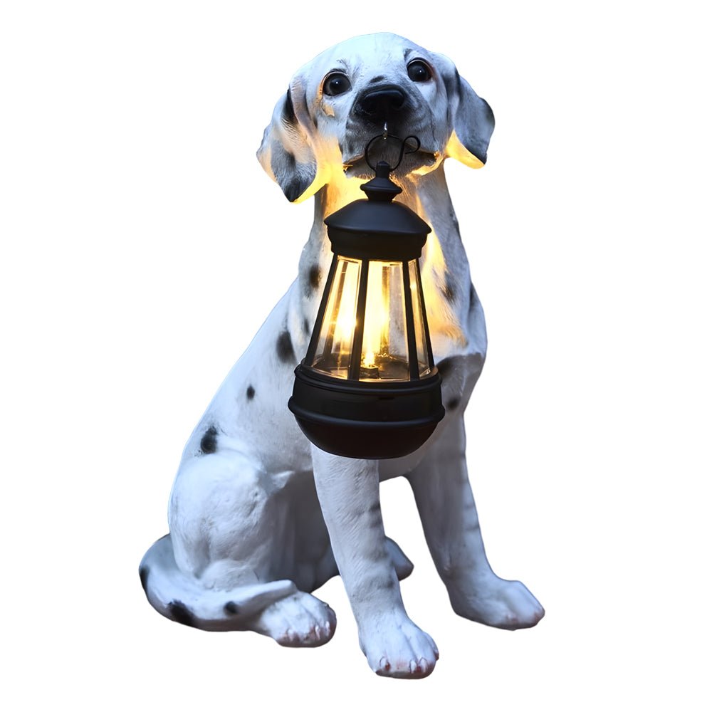 Resin Dog Sculpture Solar Lantern — Fiberglass, LED Warm White 3000K, Detachable Lantern, 6 Breed Styles