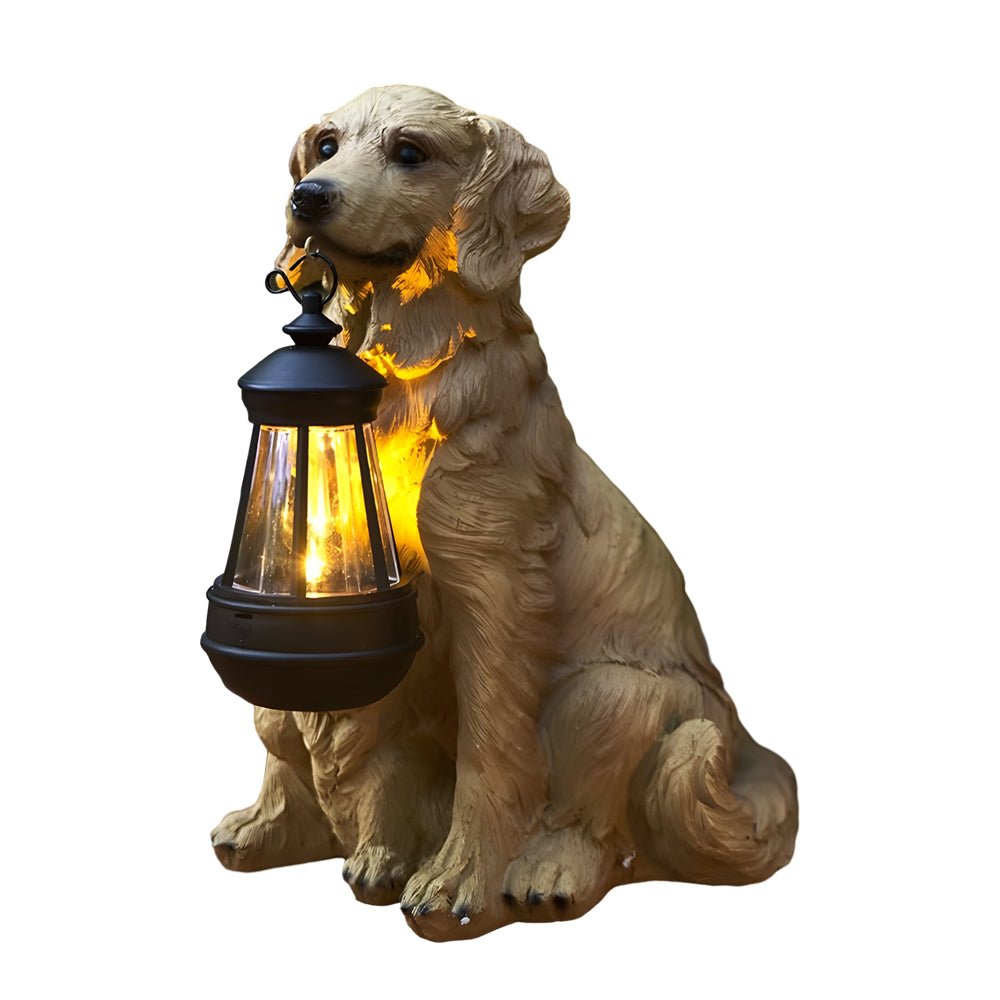 Resin Dog Sculpture Solar Lantern — Fiberglass, LED Warm White 3000K, Detachable Lantern, 6 Breed Styles