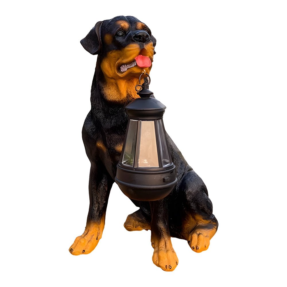 Resin Dog Sculpture Solar Lantern — Fiberglass, LED Warm White 3000K, Detachable Lantern, 6 Breed Styles