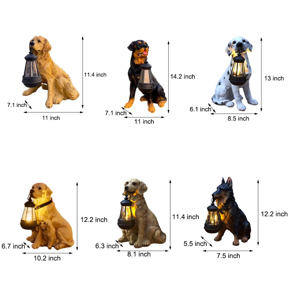 Resin Dog Sculpture Solar Lantern — Fiberglass, LED Warm White 3000K, Detachable Lantern, 6 Breed Styles