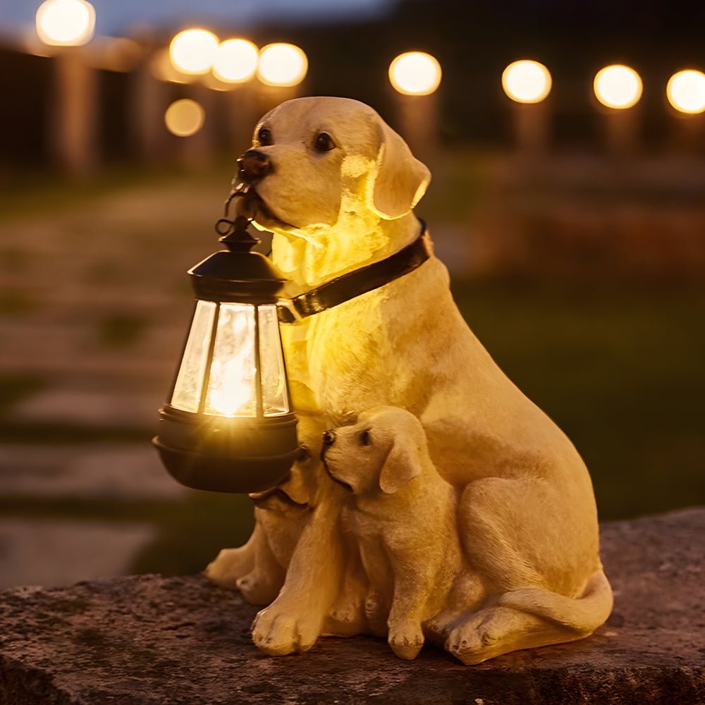 Resin Dog Sculpture Solar Lantern — Fiberglass, LED Warm White 3000K, Detachable Lantern, 6 Breed Styles