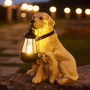 Resin Dog Sculpture Solar Lantern — Fiberglass, LED Warm White 3000K, Detachable Lantern, 6 Breed Styles