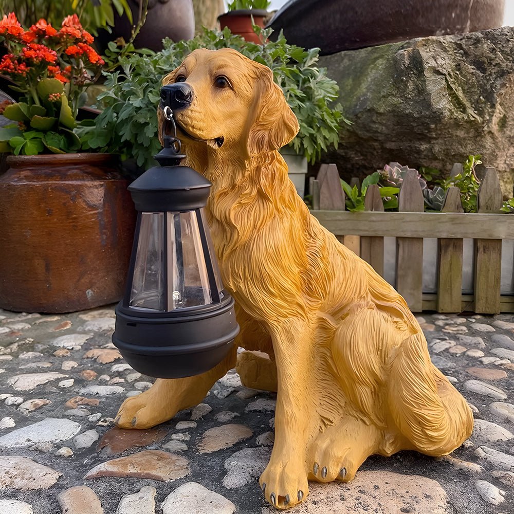 Resin Dog Sculpture Solar Lantern — Fiberglass, LED Warm White 3000K, Detachable Lantern, 6 Breed Styles