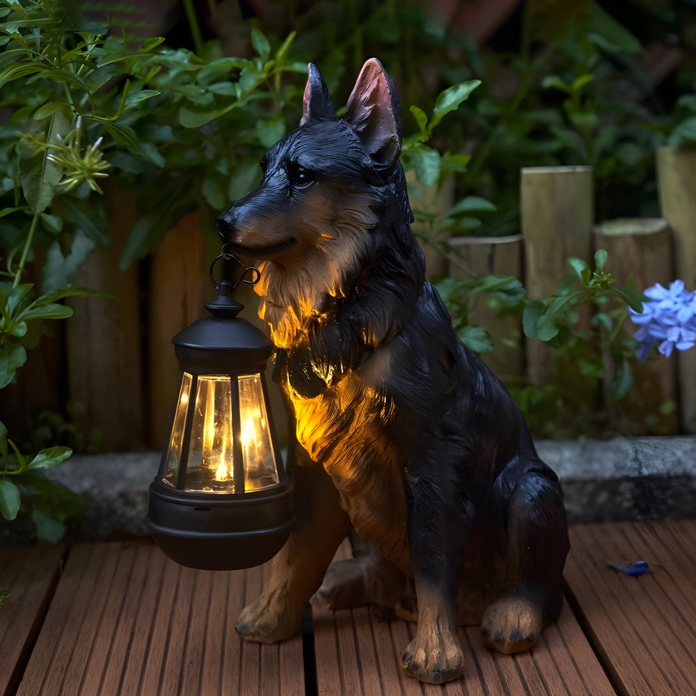 Resin Dog Sculpture Solar Lantern — Fiberglass, LED Warm White 3000K, Detachable Lantern, 6 Breed Styles