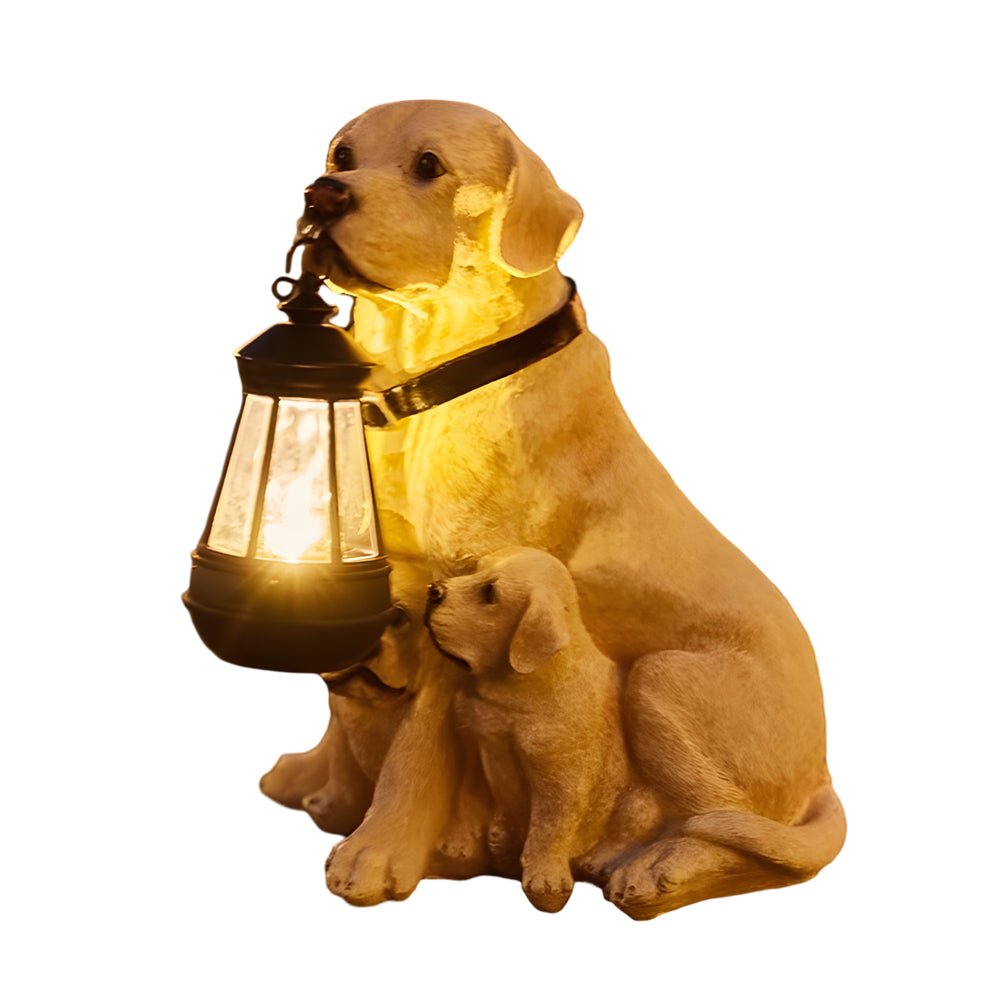 Resin Dog Sculpture Solar Lantern — Fiberglass, LED Warm White 3000K, Detachable Lantern, 6 Breed Styles