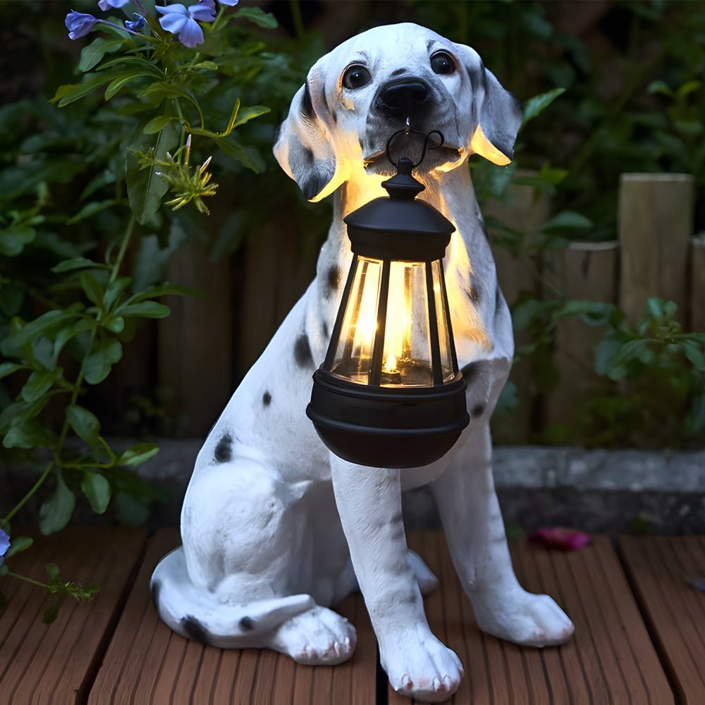 Resin Dog Sculpture Solar Lantern — Fiberglass, LED Warm White 3000K, Detachable Lantern, 6 Breed Styles