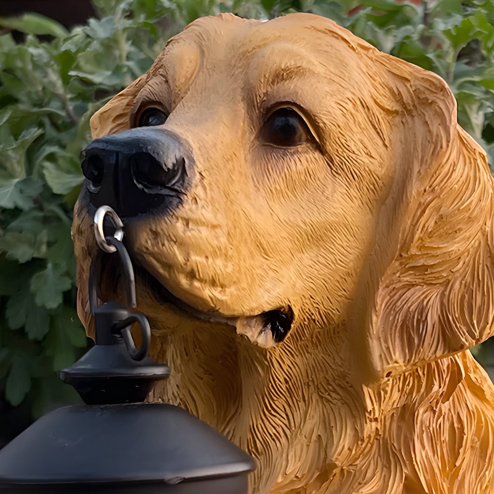 Resin Dog Sculpture Solar Lantern — Fiberglass, LED Warm White 3000K, Detachable Lantern, 6 Breed Styles