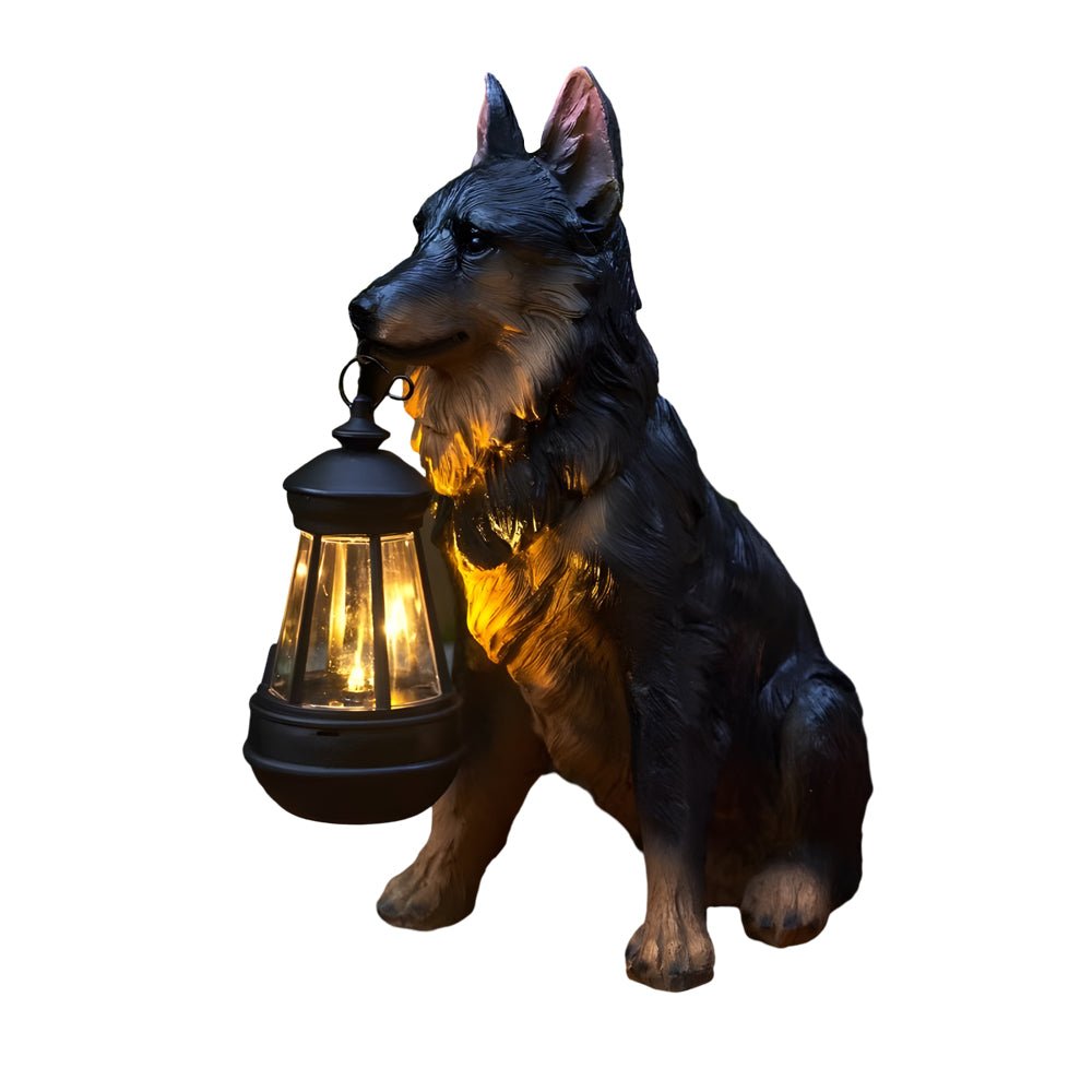 Resin Dog Sculpture Solar Lantern — Fiberglass, LED Warm White 3000K, Detachable Lantern, 6 Breed Styles