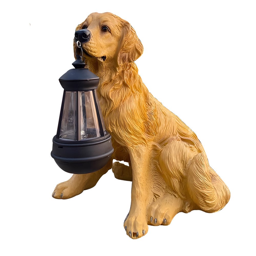 Resin Dog Sculpture Solar Lantern — Fiberglass, LED Warm White 3000K, Detachable Lantern, 6 Breed Styles