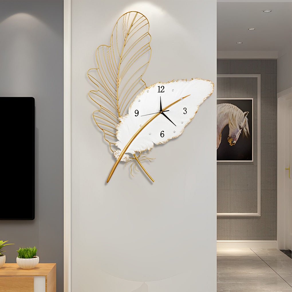 Silent Resin Feather Wall Clock with LED Lights - Artistic Wall Decor